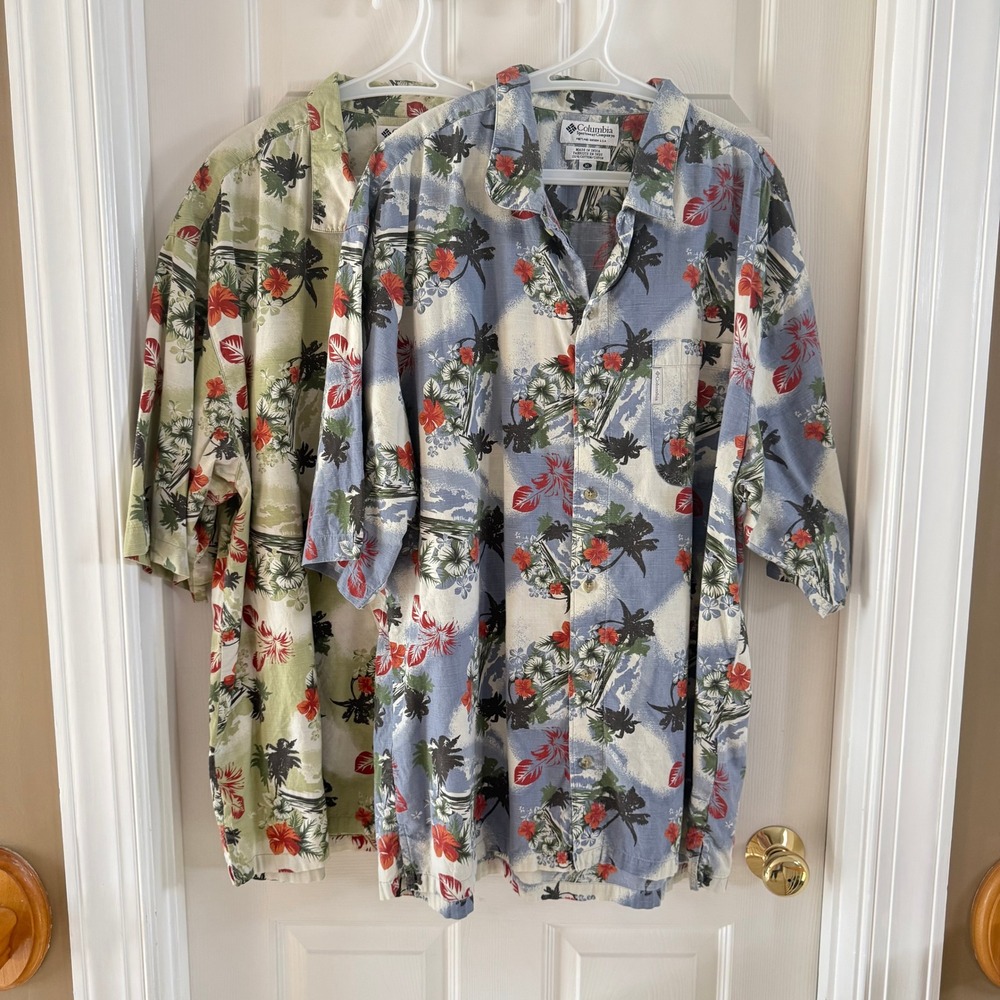 Menβs Columbia Shirts (2) XL Tropical Palm Tree Hibiscus Aloha Button Down